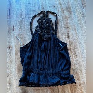 Ramy Brook Black Macrame Michaela crinkle lurex Halter tank top Blouse NWT